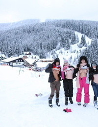 Barely legal teens flash their tits after a day of caning the slopes