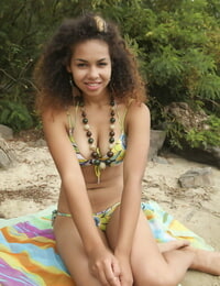Ebony babe Sara Nicole exposing tiny teen tits on beach during glam spread