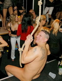 Perfectly dressed women engulf and fuck guy strippers interior a club