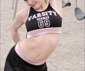 Cute cheerleader Chloe flashes hot panty upskirt outdoors & teases go-go