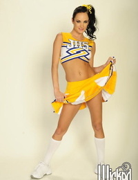Breasty cutie Alektra Blue takes off cheerleader uniform to show fur pie
