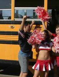 Three slutty cheerleaders starting a fervent orgy in the school bus
