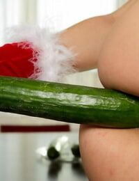 Euro solo girl Hennessy works a cucumber into her pussy in Xmas clothing