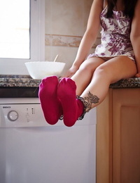 Solo model Helen G goes topless in lac topped socks while doing her baking