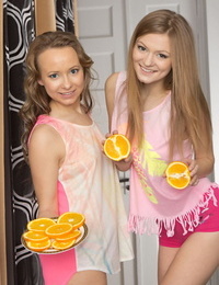 Infant looking lesbian hotties Alsu & Patritcy seize orange slices whilst getting uncovered