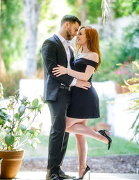 Pale redhead Ella Hughes seduces her man in a short black dress and heels