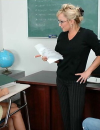Mature teacher in glasses and hawt coed sharing throbbing cock in class