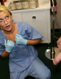 Blonde nurse in latex gloves jerks on a mans dick while examining his balls
