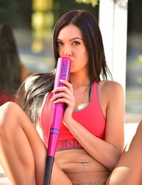 Dark haired topless hula hoop girl toys her tight beaver with baseball bat