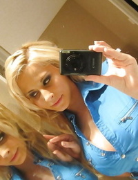 Busty blonde Madison Ivy taking mirror selfies while removing animal print bra