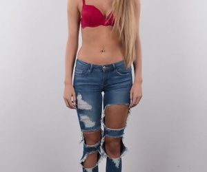 Tall blonde Stepanka divests themselves of torn jeans be beneficial to their way pre-eminent divest shoot