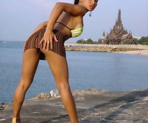 Отвратительно Красивые Азии девушка Брайтон позы удобный а Залив снаряжение 2009