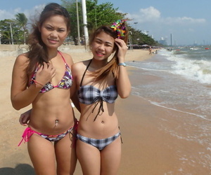 Delicious teenage Thai babes Bee with the addition of Miaw posing handy the beach on touching hot bikinis