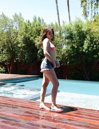 Leggy juvenile doll Kylie Quinn stripped off off panties and bikini outdoors by pool