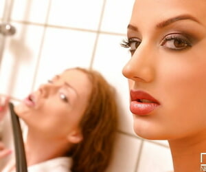 Redheads Aylin Diamond and Sophie Lynx allure for here BDSM coition here bathroom