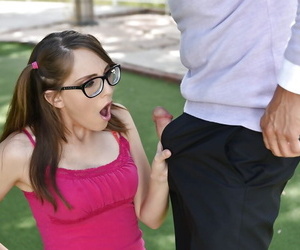 Nerdy young girl Nickey Hunstman giving ball licking BJ in the first place knees in glasses