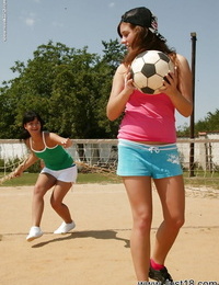 Sporty juvenile beauties having lesbo satisfaction with their toys outdoor