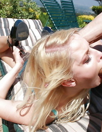 Pretty teen babe Vanessa Cage gives a deepthroat blowjob outdoor