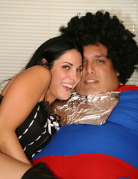 Overweight and hirsute Superman comes to accept oral play from chesty Veronica Rayne