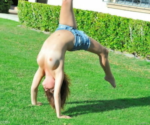 Versatile teen performs go-go gymnastics at a park before going bare-ass indoors