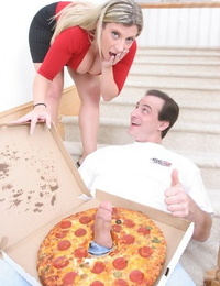 Top-heavy MILF with shaved gash has some hard fun with hung pizza-lads