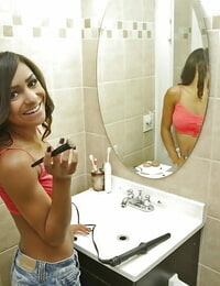 Amateur black babe Nicole flaunting colossal natural saggy tits in bathroom