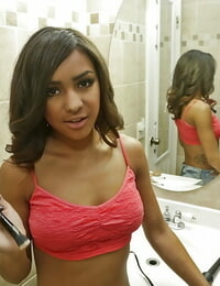 Amateur black babe Nicole flaunting colossal natural saggy tits in bathroom