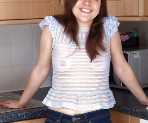 Kitchen mademoiselle Lacey drops the brush tight jeans and unclothes the brush hairy muff