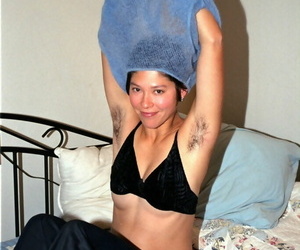 Asian amateur Amanda showing off fur covered underarms before baring beaver