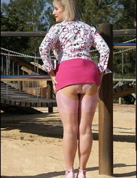 Calm fatty in nylons gains without clothes and masturbates at the playground