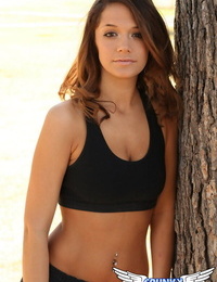 Charming teen girl Brittany Maree poses non unclothed in shorts and a sports bra