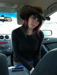 Young cowgirl Sabrina striptease and jacking off in the car