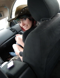 Young cowgirl Sabrina striptease and jacking off in the car