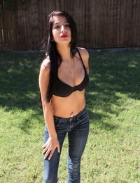 Elegant brunette hair Megan Montero topless in the sun flaunting moist gazoo in jeans