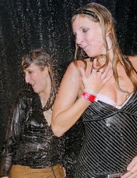 Drunk chicks get soaked to the bone before commencing on group sex games