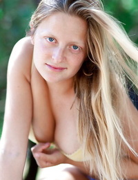 Young year old blond number 1 timer Alena shows off her unshaved young gentile outdoors