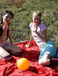 Sexual schoolgirls have some rug munch and fingering getting joy outdoor