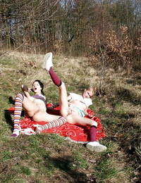 Sexual schoolgirls have some rug munch and fingering getting joy outdoor