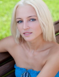 Glamorous golden-haired angel Alysha A flashing hairless cum-hole outdoor in no panty upksirt