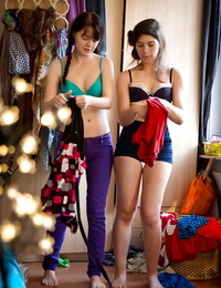 All natural girls Dannah and Gala getting dressed after lesbo sex