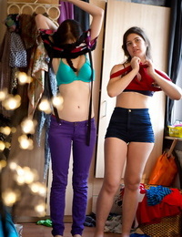All natural girls Dannah and Gala getting dressed after lesbo sex