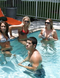Frolic girls in bikini flashing their tits at the pool party