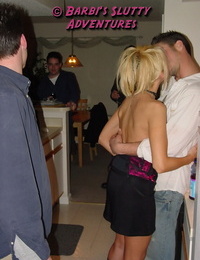 Very slutty blonde MILF Barbi Sinclair dresses as slut and goes to a college groupsex party where she fucked every single guy.