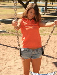 Youthful adolescent Brittany Maree flashes her underclothing on playground swing eager