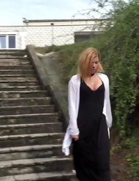 Glamorous blond Chrissy is locked with no the quarters so she urinates on the steps