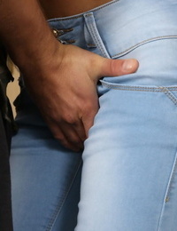 Sweaty chick in tight blue jeans licks cock and scrotums sooner than fucking