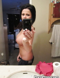 Perspired ex-gf Loni Evans taking selfshots of her just right mounds in bathroom mirror