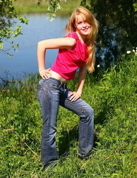 Slender teen infant Alina sheds jeans & cotton underclothes outdoors to pose unclothed
