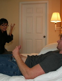 Nerdy dark hair Angie Noire gives an useful dick sucking to a sweet gentleman