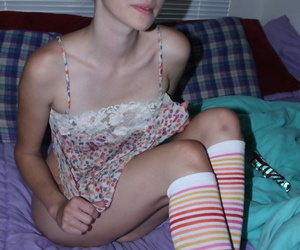 X-rated layman Emily Grey in knee socks masturbating pussy nearly a pint dildo